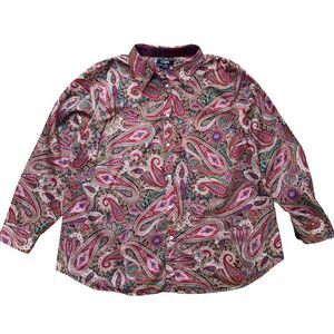 Chaps No Iron Women's 2XL Paisley Flip Cuff Long Sleeve Button Up Shirt Blouse